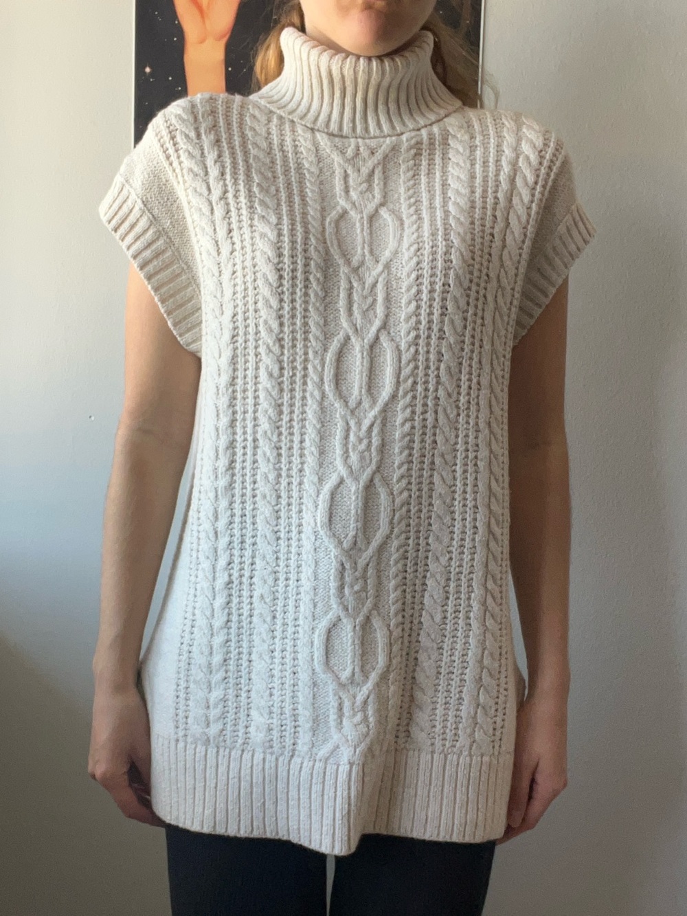 Cable-Knit Cream Turtleneck Sleeveless Sweater by Simons